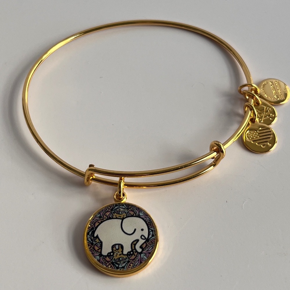 Alex and Ani Elephant Mandala Bangle Bracelet Gold Tone Expandable 2017 Charm